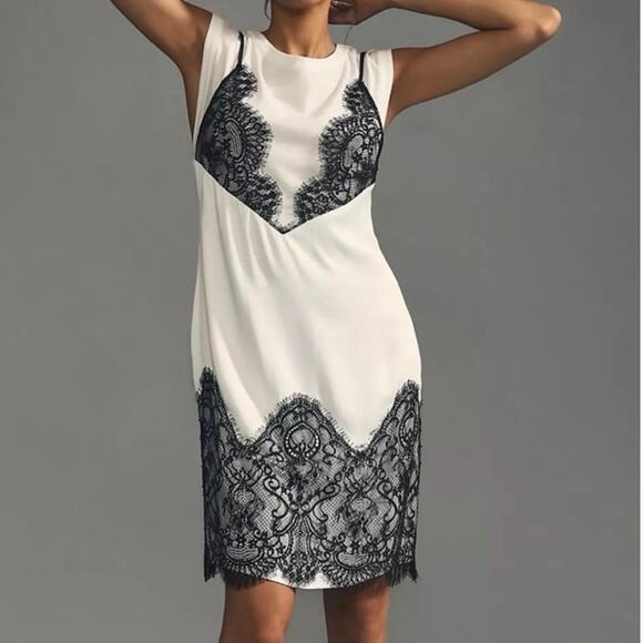 Anthropologie Maeve Black Lace Romantic Dark Coquette Slip Mini Dress Size XS - Picture 1 of 11
